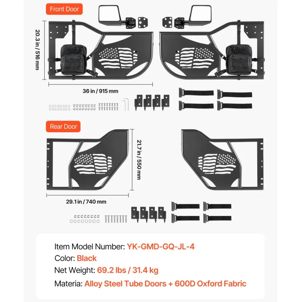 VEVOR Jeep Tube Doors, 4-Door, Fit for 2018-2026 Jeep Wrangler JL & 2020-2026 Gladiator JT, Flag Pattern Off Road Front & Rear Tubular Half Doors with DOT Certified Side View Mirrors and Storage Bag
