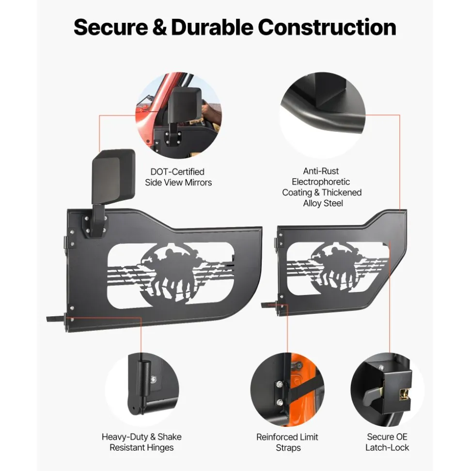 VEVOR Jeep Tube Doors, 4-Door, Fit for 2018-2026 Jeep Wrangler JL & 2020-2026 Gladiator JT, Soldier Pattern Off Road Front & Rear Tubular Half Doors with DOT Certified Side View Mirrors & Rubber Pads