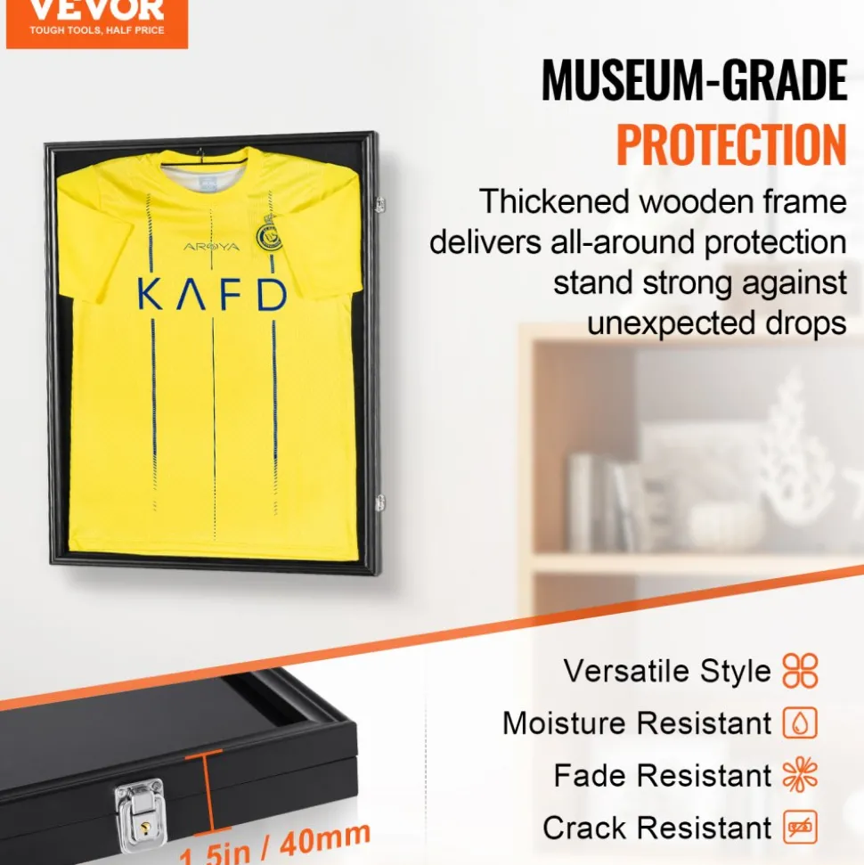 VEVOR Jersey Display Frame Case, 24 x 32 x 1.5 in, Large Lockable Sport Jersey Shadow Box with 98% UV Protection PC Glass and Hangers, for Baseball Basketball Football Hockey Shirt and Uniform, Black