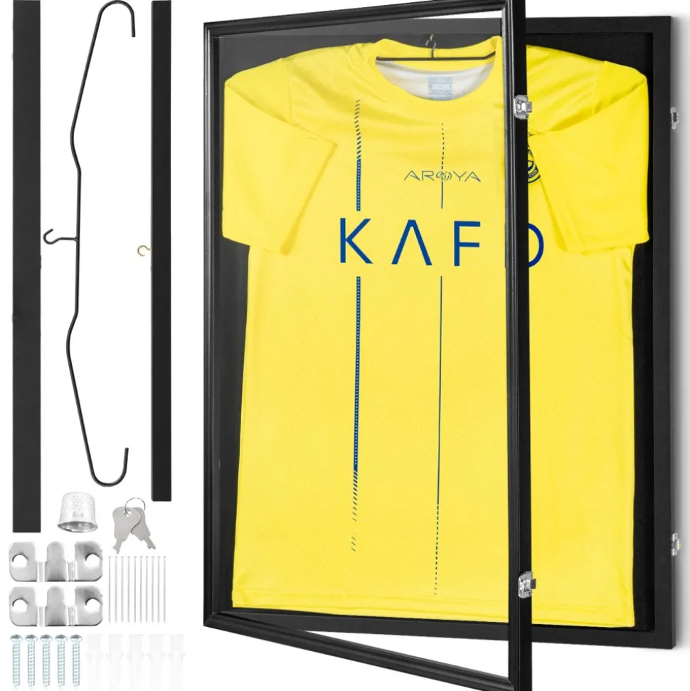 VEVOR Jersey Display Frame Case, 24 x 32 x 1.5 in, Large Lockable Sport Jersey Shadow Box with 98% UV Protection PC Glass and Hangers, for Baseball Basketball Football Hockey Shirt and Uniform, Black