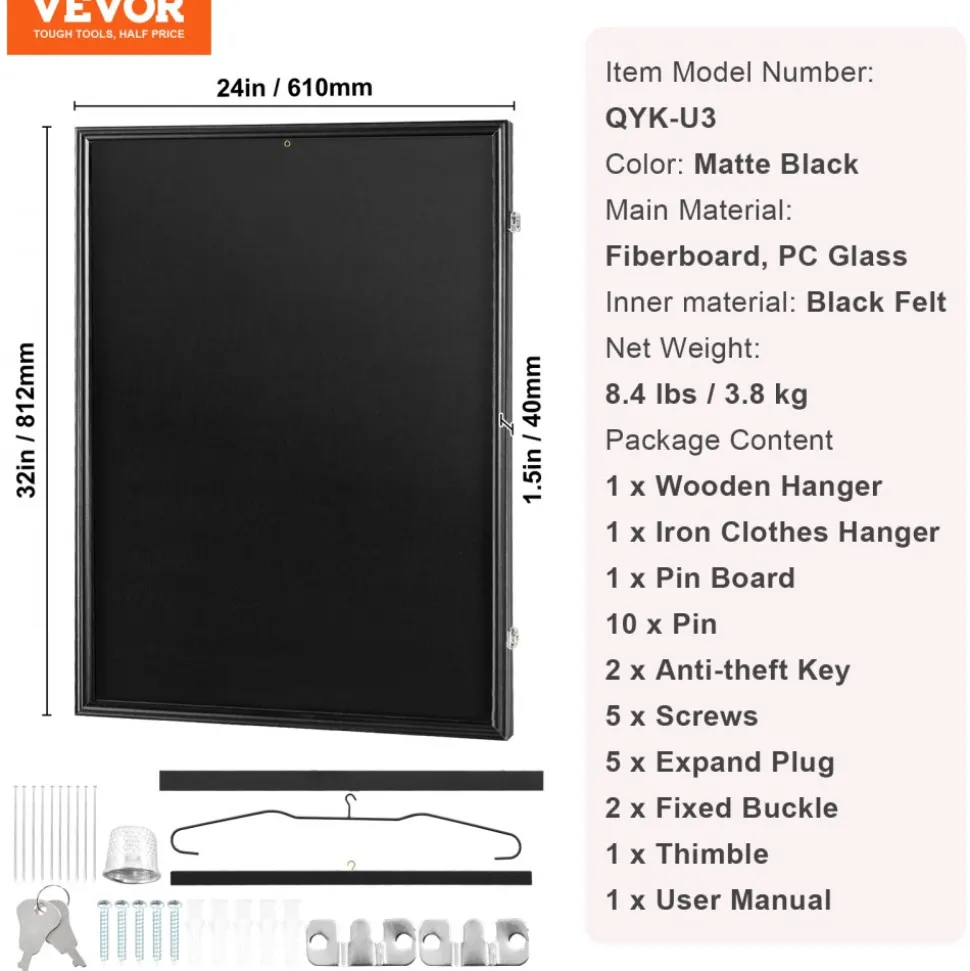 VEVOR Jersey Display Frame Case, 24 x 32 x 1.5 in, Large Lockable Sport Jersey Shadow Box with 98% UV Protection PC Glass and Hangers, for Baseball Basketball Football Hockey Shirt and Uniform, Black