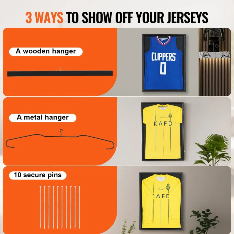 VEVOR Jersey Display Frame Case, 24 x 32 x 1.5 in, Large Lockable Sport Jersey Shadow Box with 98% UV Protection PC Glass and Hangers, for Baseball Basketball Football Hockey Shirt and Uniform, Black