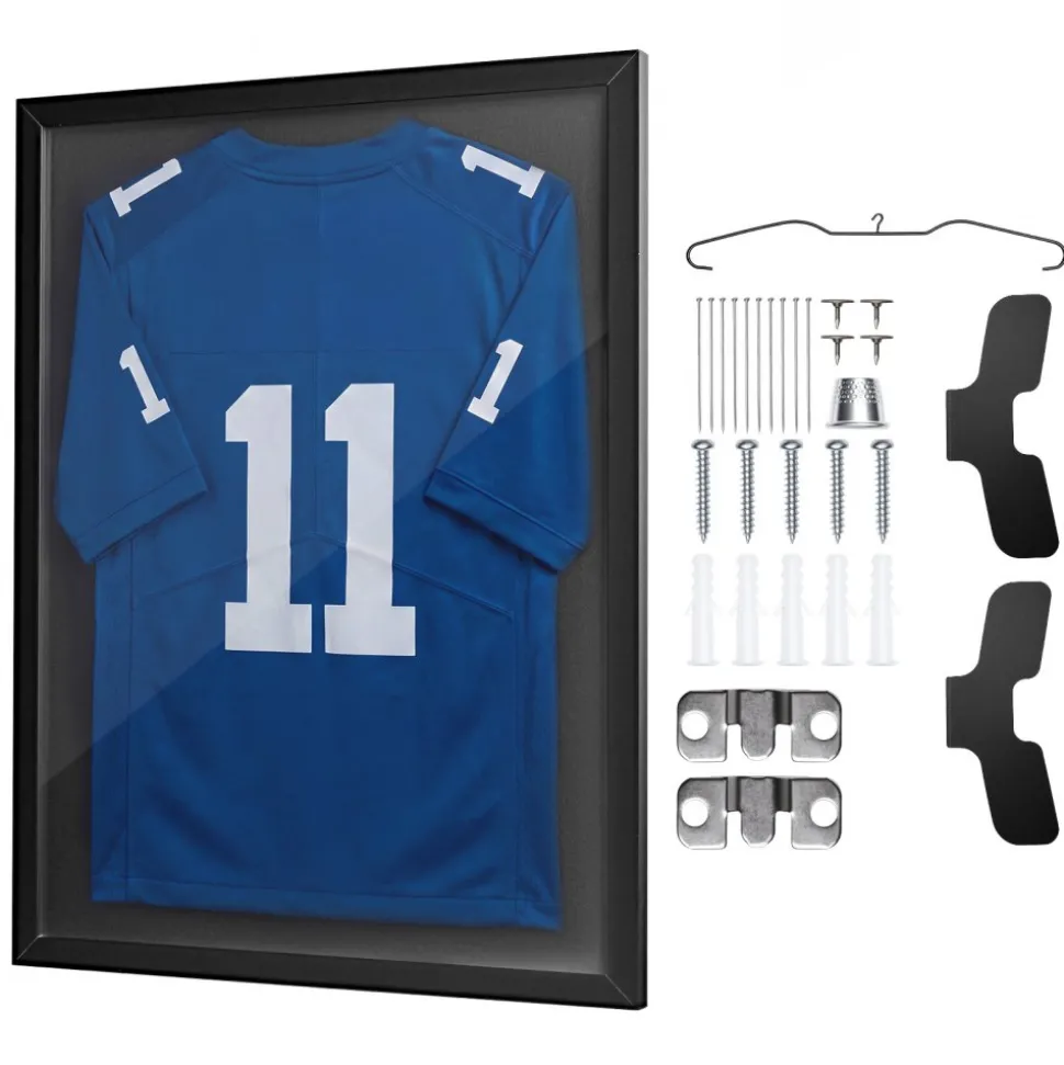 VEVOR Jersey Frame Display Case, 31.5 x 23.6 x 1 in, Wooden Sport Jersey Shadow Box with 98% UV Protection PC Panel and Hanger, for Baseball Basketball Football Hockey Shirt Sport and Uniform, Black