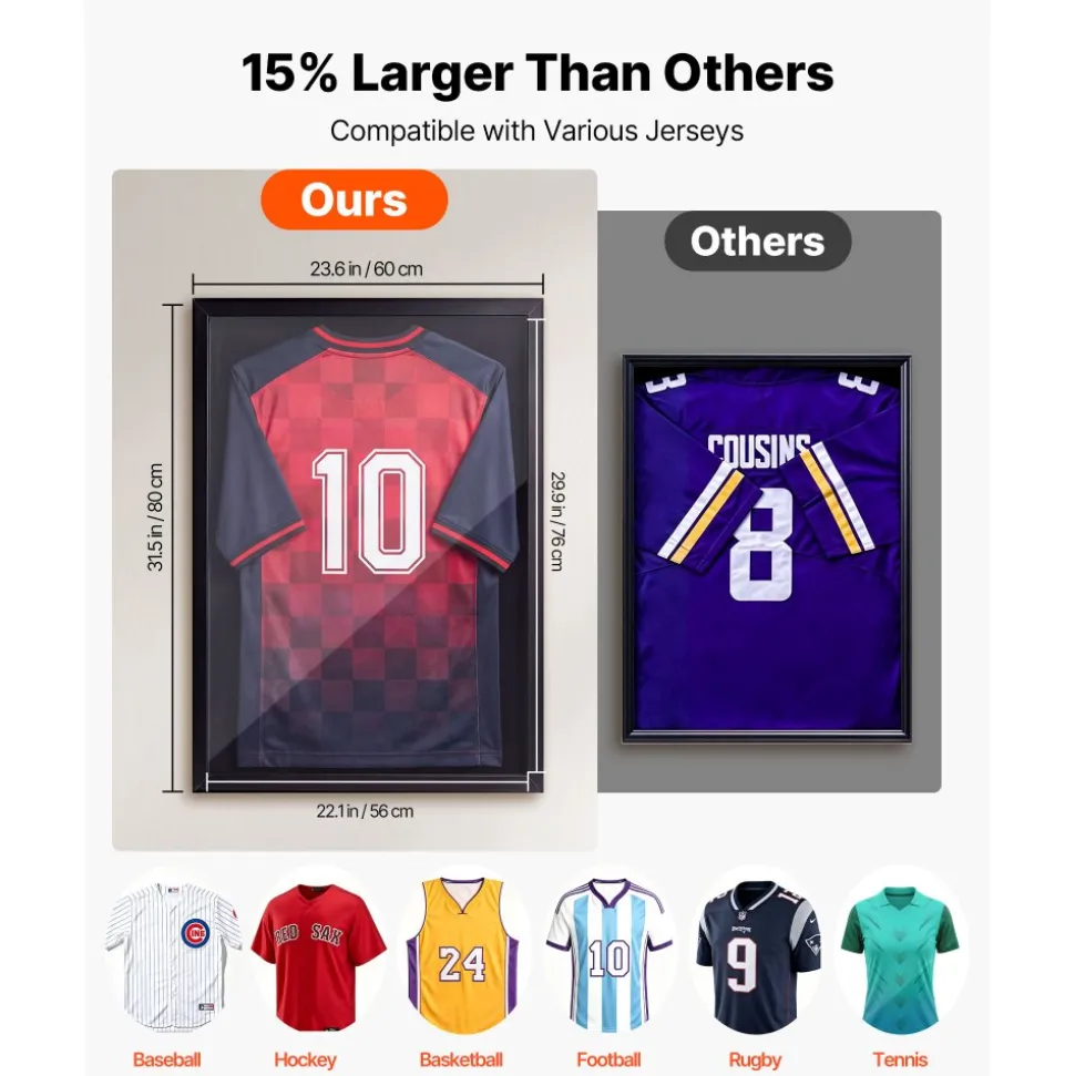 VEVOR Jersey Frame Display Case, 31.5 x 23.6 x 1 in, Wooden Sport Jersey Shadow Box with 98% UV Protection PC Panel and Hanger, for Baseball Basketball Football Hockey Shirt Sport and Uniform, Black