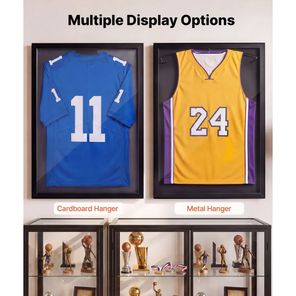 VEVOR Jersey Frame Display Case, 31.5 x 23.6 x 1 in, Wooden Sport Jersey Shadow Box with 98% UV Protection PC Panel and Hanger, for Baseball Basketball Football Hockey Shirt Sport and Uniform, Black