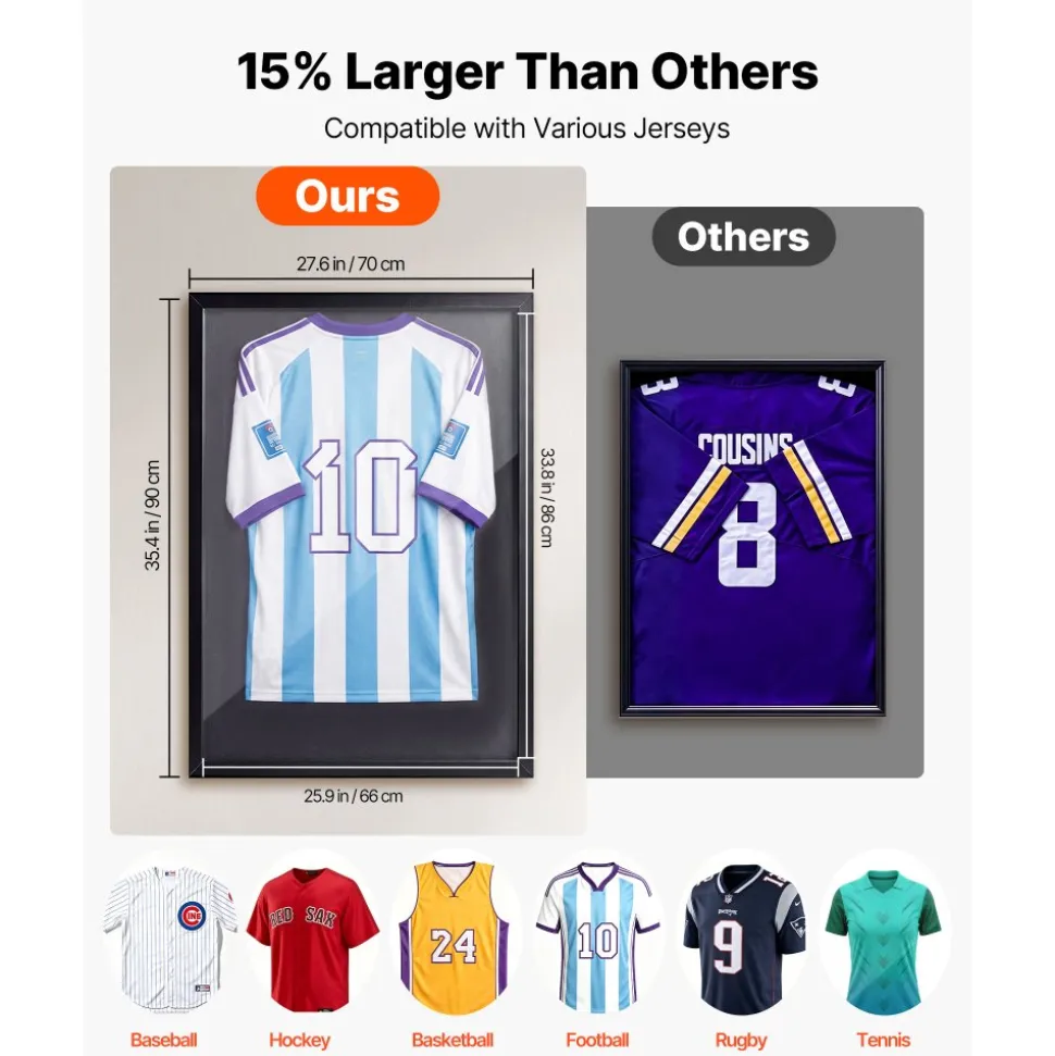 VEVOR Jersey Frame Display Case, 35.4 x 27.6 x 1.2 in, Wooden Sport Jersey Shadow Box with 98% UV Protection PC Panel and Hanger, for Baseball Basketball Football Hockey Shirt Sport Uniform, Black