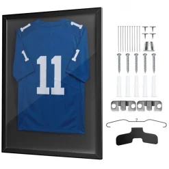 VEVOR Jersey Frame Display Case, 35.4 x 27.6 x 1.2 in, Wooden Sport Jersey Shadow Box with 98% UV Protection PC Panel and Hanger, for Baseball Basketball Football Hockey Shirt Sport Uniform, Black