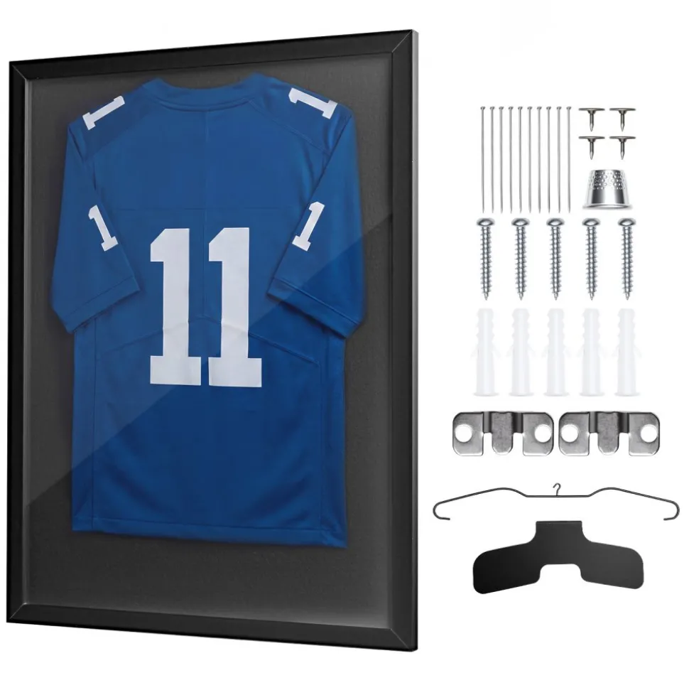 VEVOR Jersey Frame Display Case, 35.4 x 27.6 x 1.2 in, Wooden Sport Jersey Shadow Box with 98% UV Protection PC Panel and Hanger, for Baseball Basketball Football Hockey Shirt Sport Uniform, Black