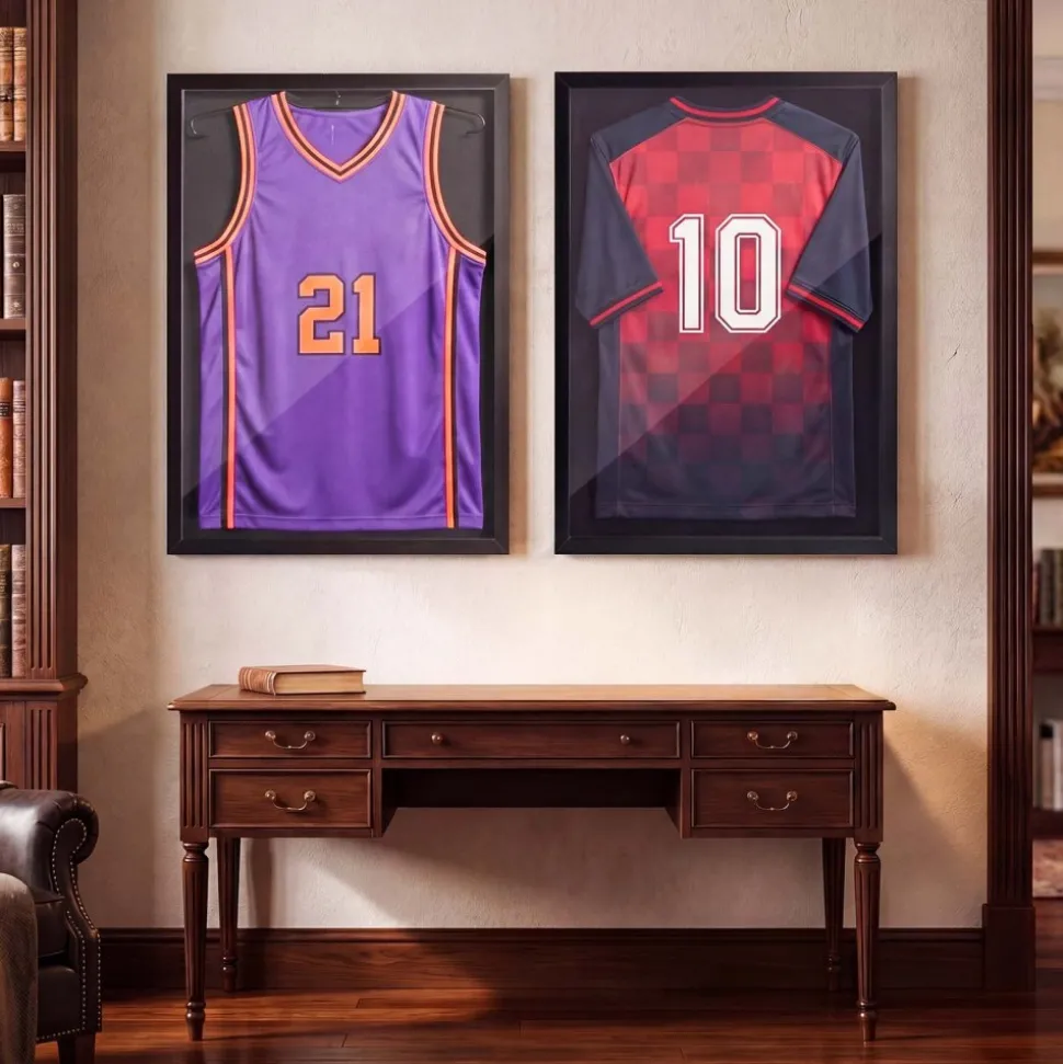 VEVOR Jersey Frame Display Case, 35.4 x 27.6 x 1.2 in, Wooden Sport Jersey Shadow Box with 98% UV Protection PC Panel and Hanger, for Baseball Basketball Football Hockey Shirt Sport Uniform, Black