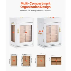VEVOR Jewelry Box, 360° Rotating Jewelry Organizer with Magnetic Door, Acrylic Window and Built-in 4 Necklace Hooks, Spacious Storage Case with Metal Handles, Bottom Pad and Soft Flannel Lining, White