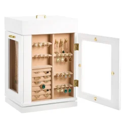 VEVOR Jewelry Box, 360° Rotating Jewelry Organizer with Magnetic Door, Acrylic Window and Built-in 4 Necklace Hooks, Spacious Storage Case with Metal Handles, Bottom Pad and Soft Flannel Lining, White