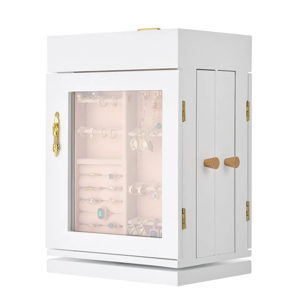 VEVOR Jewelry Box, 360° Rotating Jewelry Organizer with Magnetic Door, Acrylic Window and Built-in 4 Necklace Hooks, Spacious Storage Case with Metal Handles, Bottom Pad and Soft Flannel Lining, White