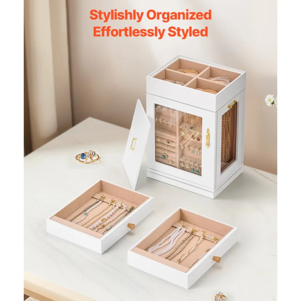 VEVOR Jewelry Box, 360° Rotating Jewelry Organizer with Magnetic Door, Acrylic Window and Built-in 4 Necklace Hooks, Spacious Storage Case with Metal Handles, Bottom Pad and Soft Flannel Lining, White