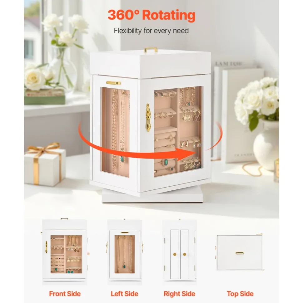 VEVOR Jewelry Box, 360° Rotating Jewelry Organizer with Magnetic Door, Acrylic Window and Built-in 4 Necklace Hooks, Spacious Storage Case with Metal Handles, Bottom Pad and Soft Flannel Lining, White