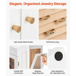 VEVOR Jewelry Box, 360° Rotating Jewelry Organizer with Magnetic Door, Acrylic Window and Built-in 4 Necklace Hooks, Spacious Storage Case with Metal Handles, Bottom Pad and Soft Flannel Lining, White