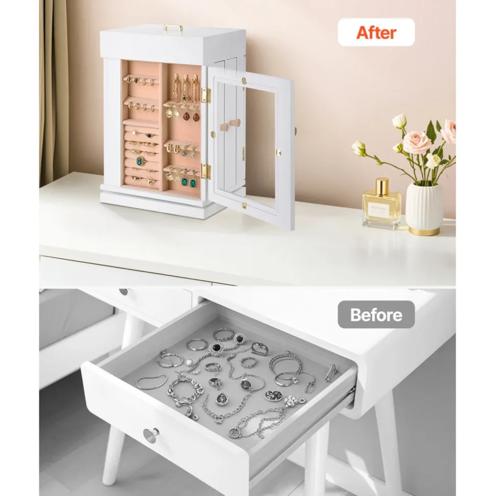 VEVOR Jewelry Box, 360° Rotating Jewelry Organizer with Magnetic Door, Acrylic Window and Built-in 4 Necklace Hooks, Spacious Storage Case with Metal Handles, Bottom Pad and Soft Flannel Lining, White