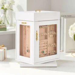 VEVOR Jewelry Box, 360° Rotating Jewelry Organizer with Magnetic Door, Acrylic Window and Built-in 4 Necklace Hooks, Spacious Storage Case with Metal Handles, Bottom Pad and Soft Flannel Lining, White