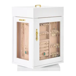 VEVOR Jewelry Box, 360° Rotating Jewelry Organizer with Magnetic Door, Acrylic Window and Built-in 4 Necklace Hooks, Spacious Storage Case with Metal Handles, Bottom Pad and Soft Flannel Lining, White