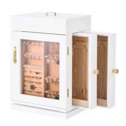 VEVOR Jewelry Box, 360° Rotating Jewelry Organizer with Magnetic Door, Acrylic Window and Built-in 4 Necklace Hooks, Spacious Storage Case with Metal Handles, Bottom Pad and Soft Flannel Lining, White