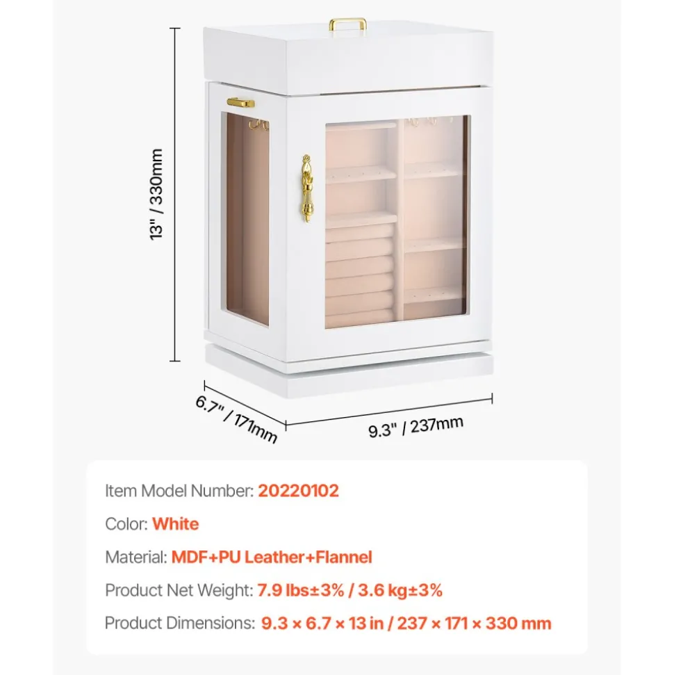 VEVOR Jewelry Box, 360° Rotating Jewelry Organizer with Magnetic Door, Acrylic Window and Built-in 4 Necklace Hooks, Spacious Storage Case with Metal Handles, Bottom Pad and Soft Flannel Lining, White