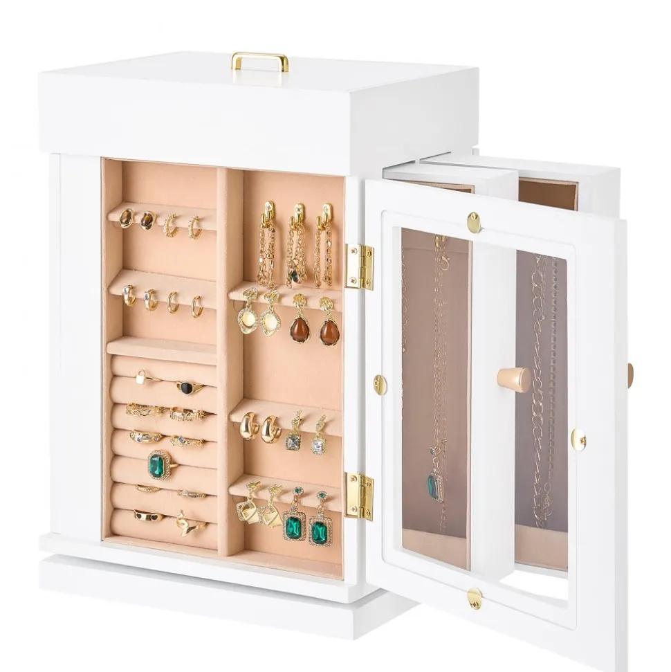 VEVOR Jewelry Box, 360° Rotating Jewelry Organizer with Magnetic Door, Acrylic Window and Built-in 4 Necklace Hooks, Spacious Storage Case with Metal Handles, Bottom Pad and Soft Flannel Lining, White