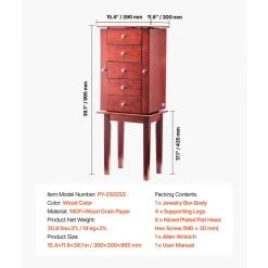 VEVOR Jewelry Cabinet Armoire, Standing Wood Jewelry Storage Chest with 4 Spacious Drawers, Flip Top Mirror, 4 Top Storage Compartments, Zinc Alloy Handles, 2 Side Doors with 16 Necklace Hooks