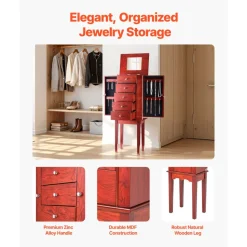 VEVOR Jewelry Cabinet Armoire, Standing Wood Jewelry Storage Chest with 4 Spacious Drawers, Flip Top Mirror, 4 Top Storage Compartments, Zinc Alloy Handles, 2 Side Doors with 16 Necklace Hooks