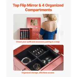 VEVOR Jewelry Cabinet Armoire, Standing Wood Jewelry Storage Chest with 4 Spacious Drawers, Flip Top Mirror, 4 Top Storage Compartments, Zinc Alloy Handles, 2 Side Doors with 16 Necklace Hooks