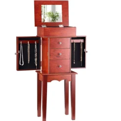 VEVOR Jewelry Cabinet Armoire, Standing Wood Jewelry Storage Chest with 3 Drawers, Flip Top Mirror, 4 Top Storage Compartments, Zinc Alloy Handles, 2 Side Doors with 6 Necklace Hooks