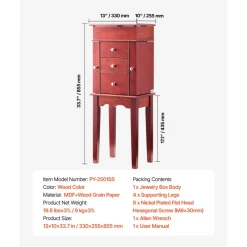 VEVOR Jewelry Cabinet Armoire, Standing Wood Jewelry Storage Chest with 3 Drawers, Flip Top Mirror, 4 Top Storage Compartments, Zinc Alloy Handles, 2 Side Doors with 6 Necklace Hooks