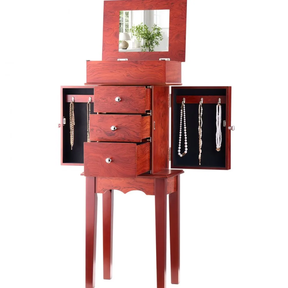 VEVOR Jewelry Cabinet Armoire, Standing Wood Jewelry Storage Chest with 3 Drawers, Flip Top Mirror, 4 Top Storage Compartments, Zinc Alloy Handles, 2 Side Doors with 6 Necklace Hooks
