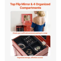 VEVOR Jewelry Cabinet Armoire, Standing Wood Jewelry Storage Chest with 3 Drawers, Flip Top Mirror, 4 Top Storage Compartments, Zinc Alloy Handles, 2 Side Doors with 6 Necklace Hooks