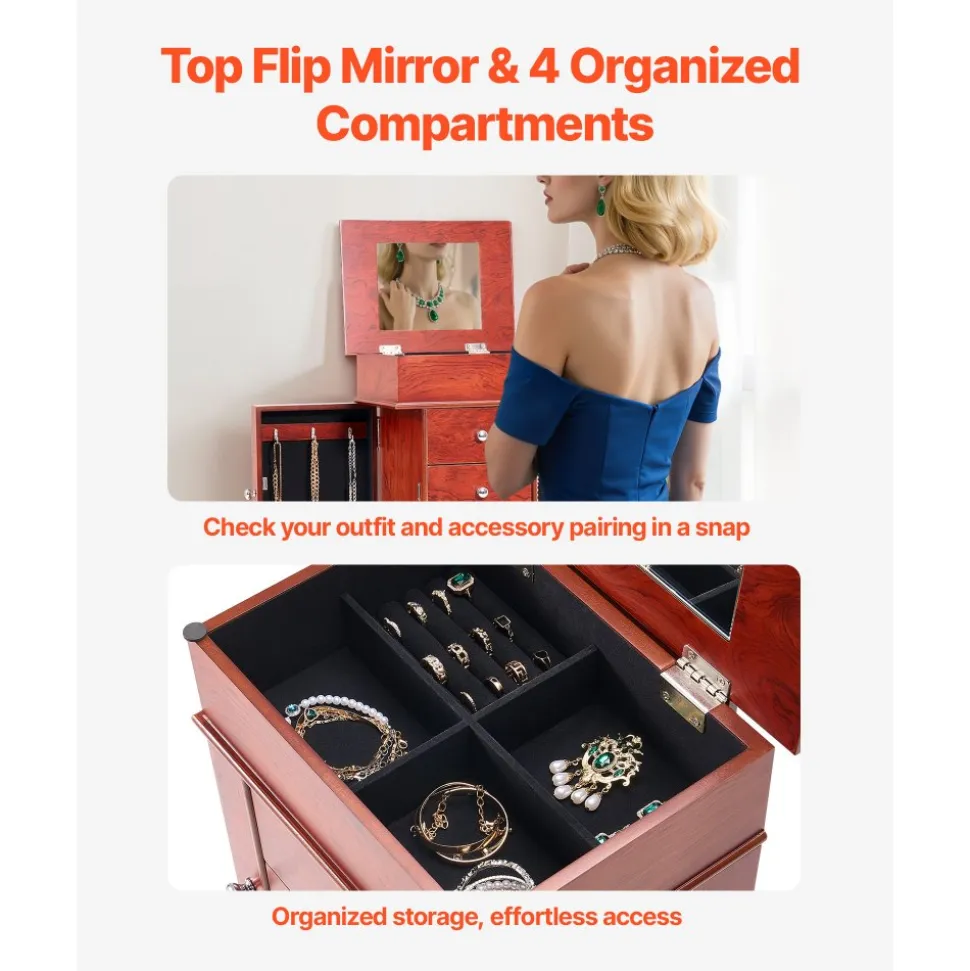 VEVOR Jewelry Cabinet Armoire, Standing Wood Jewelry Storage Chest with 3 Drawers, Flip Top Mirror, 4 Top Storage Compartments, Zinc Alloy Handles, 2 Side Doors with 6 Necklace Hooks