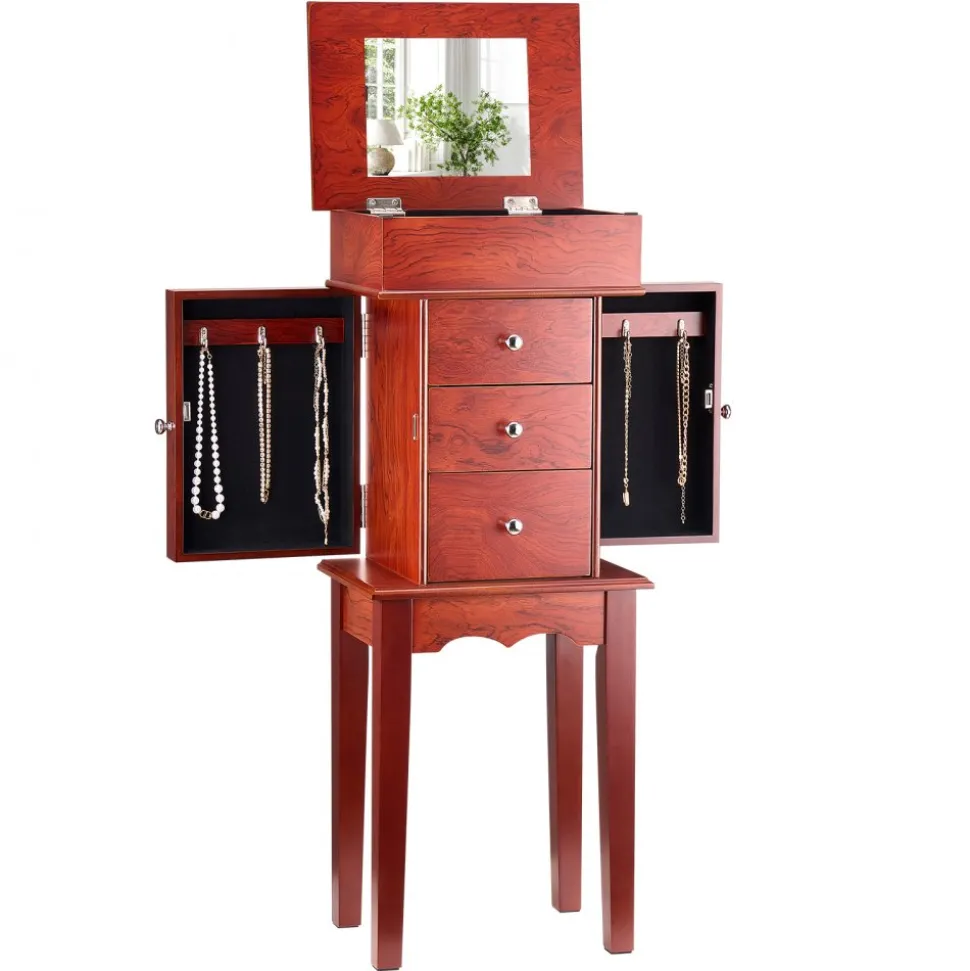 VEVOR Jewelry Cabinet Armoire, Standing Wood Jewelry Storage Chest with 3 Drawers, Flip Top Mirror, 4 Top Storage Compartments, Zinc Alloy Handles, 2 Side Doors with 6 Necklace Hooks