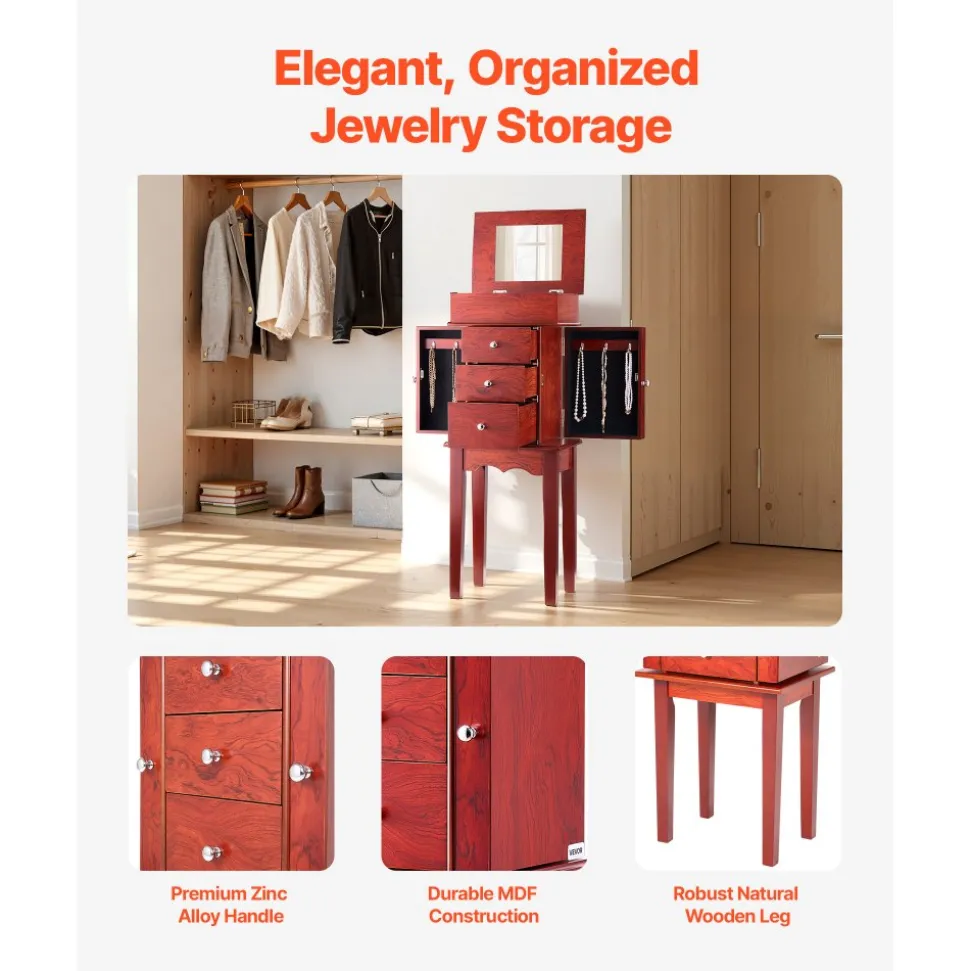 VEVOR Jewelry Cabinet Armoire, Standing Wood Jewelry Storage Chest with 3 Drawers, Flip Top Mirror, 4 Top Storage Compartments, Zinc Alloy Handles, 2 Side Doors with 6 Necklace Hooks