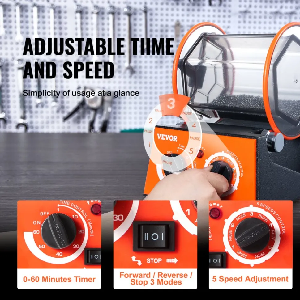 VEVOR Jewelry Polisher Tumbler, 6.6lbs/3kg Capacity Mini Rotary Tumbler Machine with 0-60 Minutes Timer, 5 Speeds Jewelry Rotary Finisher for Surface Polishing Grinding Buffing Gemstones Jewels Coins