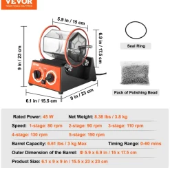 VEVOR Jewelry Polisher Tumbler, 6.6lbs/3kg Capacity Mini Rotary Tumbler Machine with 0-60 Minutes Timer, 5 Speeds Jewelry Rotary Finisher for Surface Polishing Grinding Buffing Gemstones Jewels Coins