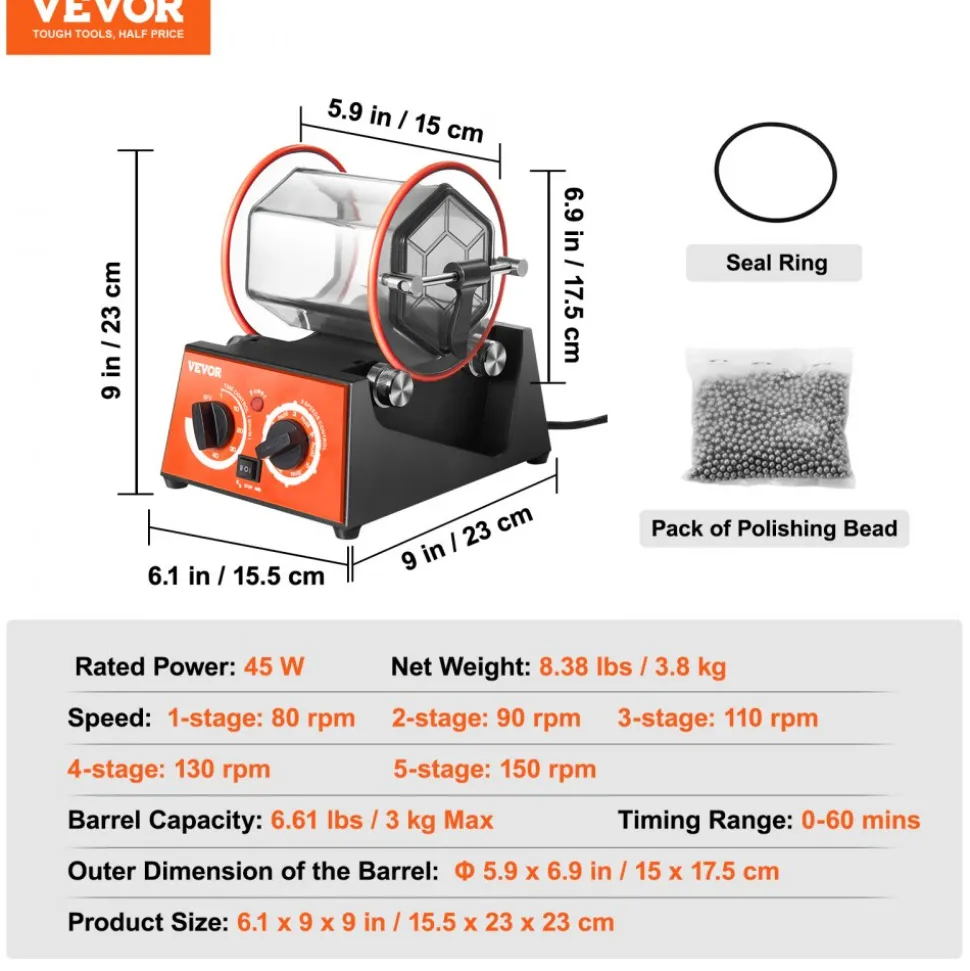 VEVOR Jewelry Polisher Tumbler, 6.6lbs/3kg Capacity Mini Rotary Tumbler Machine with 0-60 Minutes Timer, 5 Speeds Jewelry Rotary Finisher for Surface Polishing Grinding Buffing Gemstones Jewels Coins