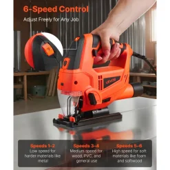 VEVOR Jig Saw, 6.5 Amp, 3000 SPM Blade Speed, Electric Jigsaw with 6 pcs Blades, LED Light, 6 Variable Speed, 0- 45° Bevel Cuts, 4 Orbital Settings for Straight/Circle Cutting, for Wood and Metal