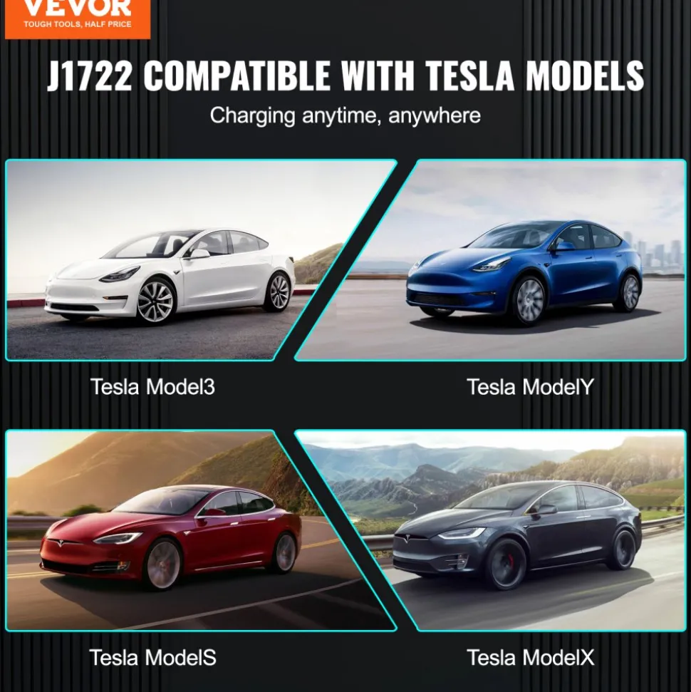 VEVOR J1772 to Tesla Charger Adapter, 80 Amp 240V AC, SAE J1772 EV Charging Adapter to Tesla Plug, with Storage Bag Anti-Drop Lock IP65 Material, Compatible with Tesla Model 3, Y, S, X