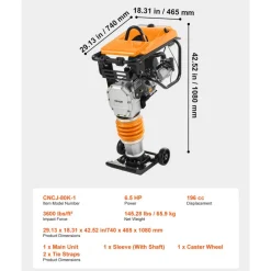 VEVOR Jumping Jack Compactor, 6.5 HP Vibratory Rammer Fuel-Powered 196 cc Engine Tamper, 3600 lbs Impact Force, 26
