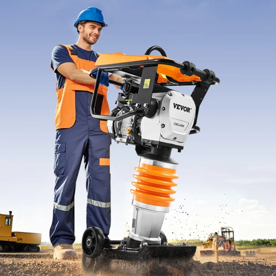 VEVOR Jumping Jack Compactor, 6.5 HP Vibratory Rammer Fuel-Powered 196 cc Engine Tamper, 3600 lbs Impact Force, 26" Max Compaction Depth, Four-Spring, for Soil, Gravel, Concrete Slabs, Foundations