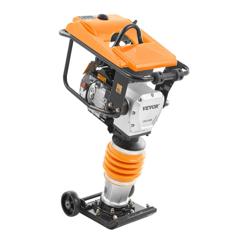 VEVOR Jumping Jack Compactor, 6.5 HP Vibratory Rammer Fuel-Powered 196 cc Engine Tamper, 3600 lbs Impact Force, 26" Max Compaction Depth, Four-Spring, for Soil, Gravel, Concrete Slabs, Foundations