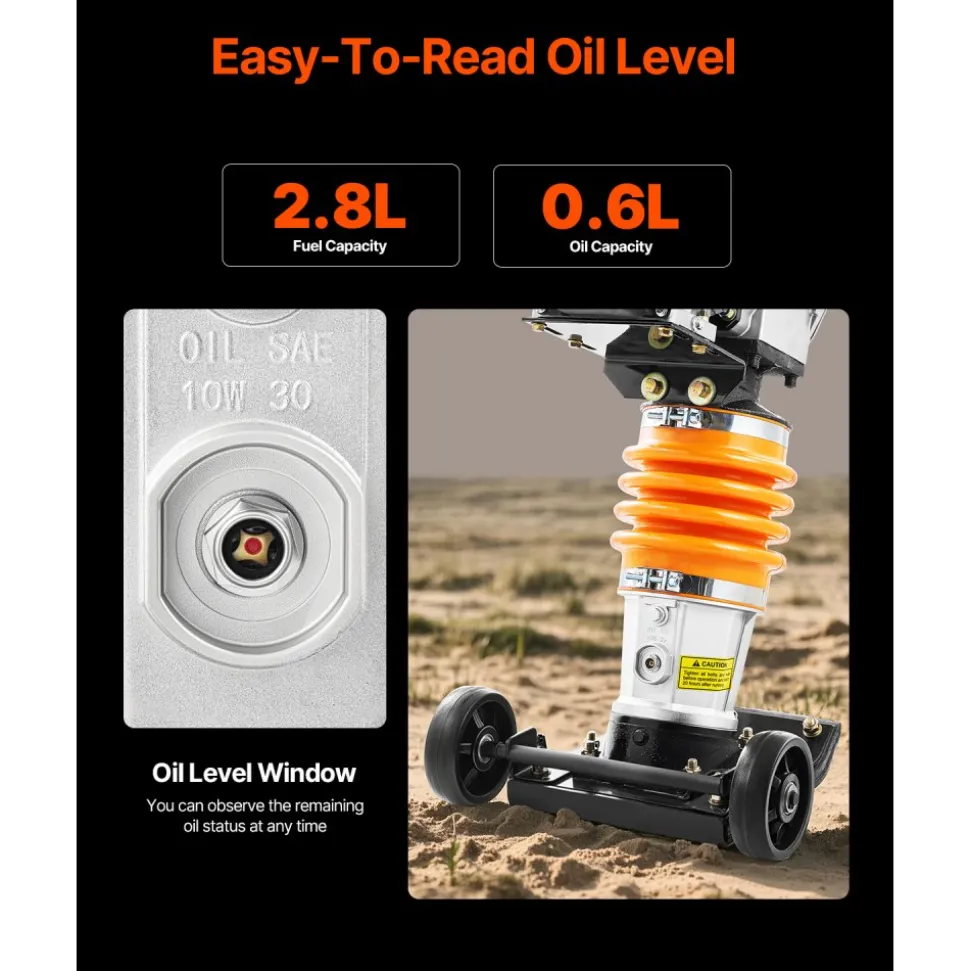 VEVOR Jumping Jack Compactor, 6.5 HP Vibratory Rammer Fuel-Powered 196 cc Engine Tamper, 3600 lbs Impact Force, 26" Max Compaction Depth, Four-Spring, for Soil, Gravel, Concrete Slabs, Foundations