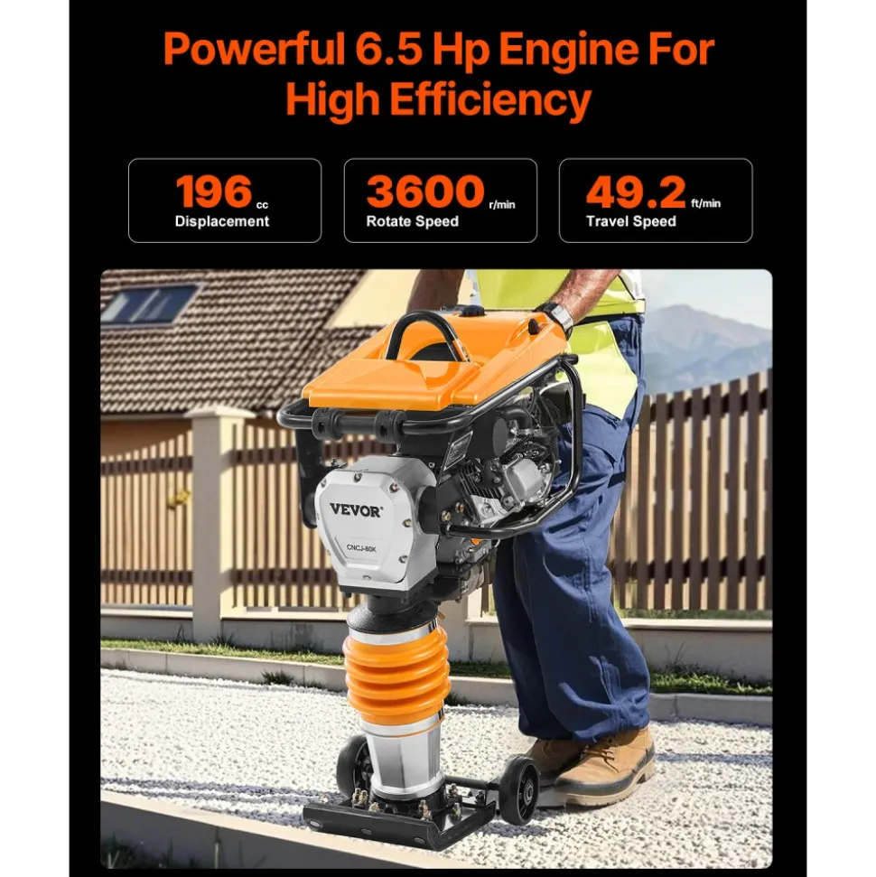 VEVOR Jumping Jack Compactor, 6.5 HP Vibratory Rammer Fuel-Powered 196 cc Engine Tamper, 3600 lbs Impact Force, 26" Max Compaction Depth, Four-Spring, for Soil, Gravel, Concrete Slabs, Foundations