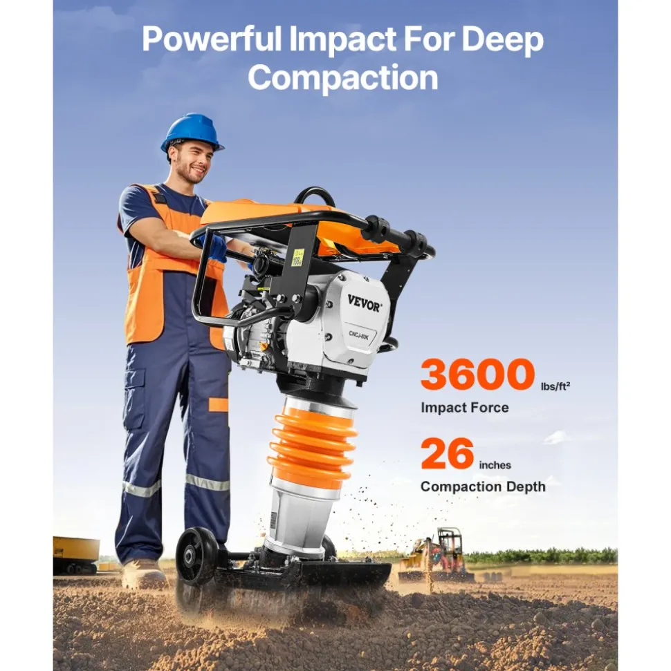 VEVOR Jumping Jack Compactor, 6.5 HP Vibratory Rammer Fuel-Powered 196 cc Engine Tamper, 3600 lbs Impact Force, 26" Max Compaction Depth, Four-Spring, for Soil, Gravel, Concrete Slabs, Foundations