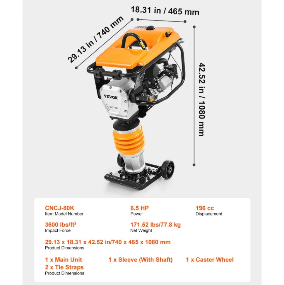 VEVOR Jumping Jack Compactor, 6.5 HP Vibratory Rammer Fuel-Powered 196 cc Engine Tamper, 3600 lbs Impact Force, 26" Max Compaction Depth, Four-Spring, for Soil, Gravel, Concrete Slabs, Foundations