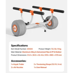 VEVOR Kayak Cart, 350 lbs Load Capacity, Kayak Trolley with 12-inch Inflatable PU Tires & 2 Straps, Assembles & Disassembles Within Seconds, Paddle Board Trolley for Carrying Kayaks and Canoes
