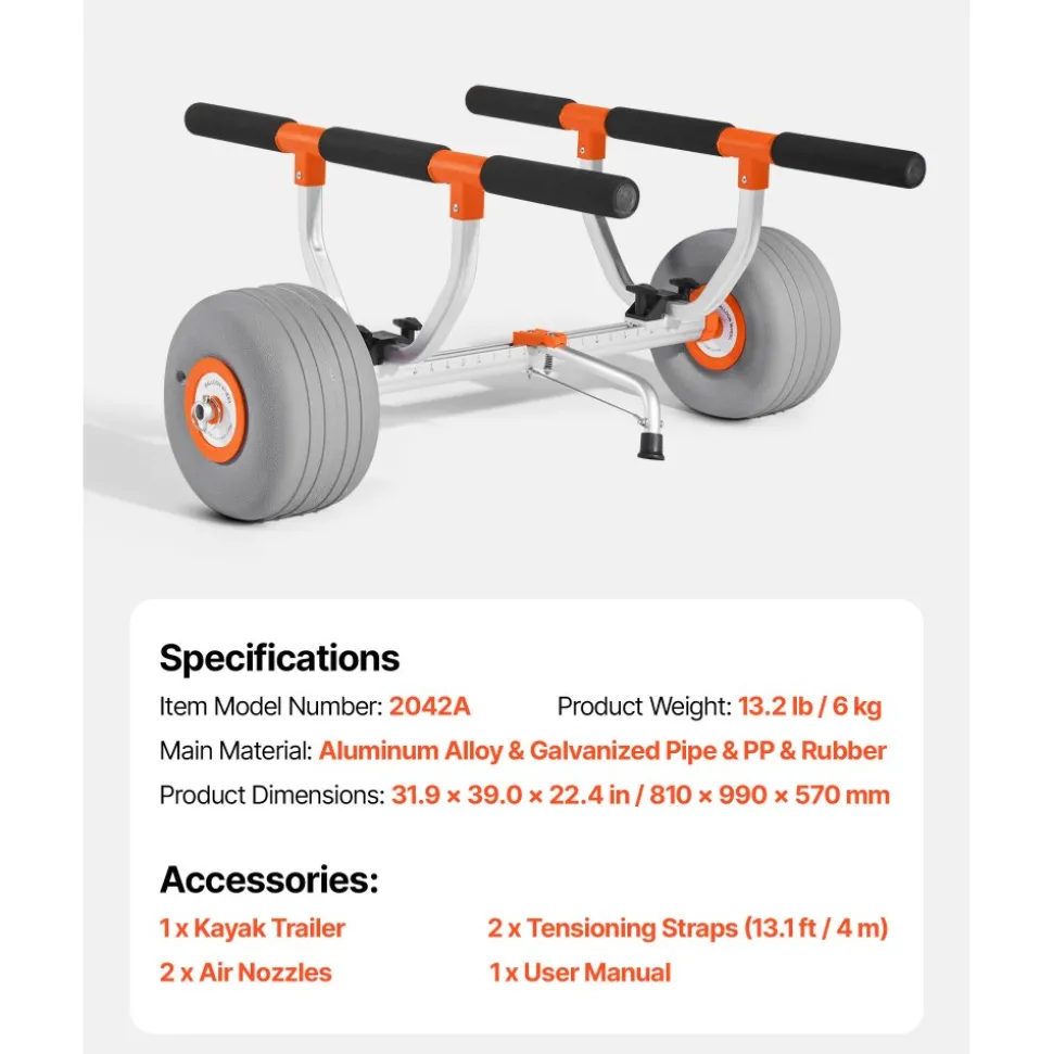 VEVOR Kayak Cart, 350 lbs Load Capacity, Kayak Trolley with 12-inch Inflatable PU Tires & 2 Straps, Assembles & Disassembles Within Seconds, Paddle Board Trolley for Carrying Kayaks and Canoes