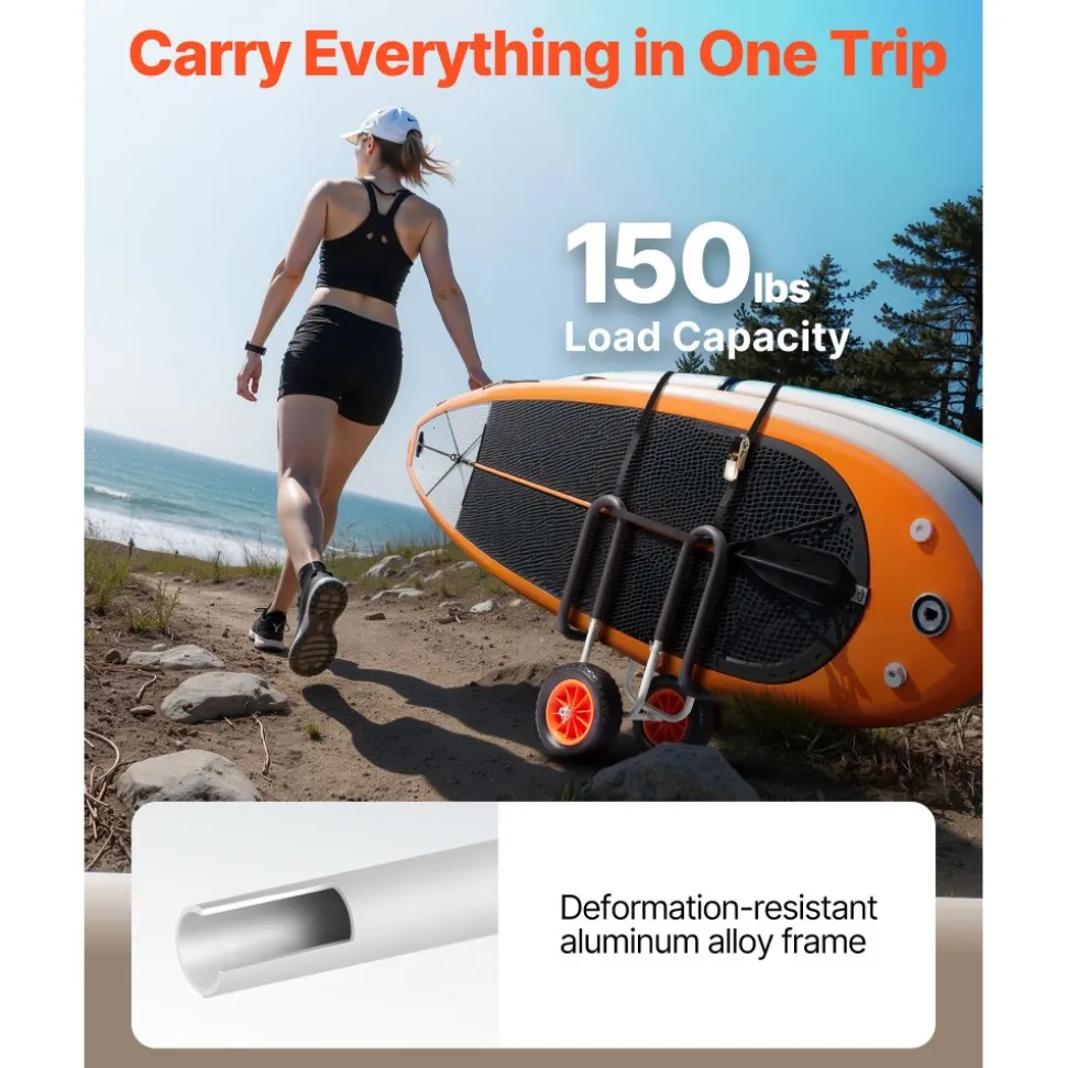 VEVOR Kayak Cart, 150 lbs Load Capacity, Stand Up Paddle Board Trolley with 10-inch Solid Rubber Tires & Kickstands, Paddle Board Carrier with Ratchet Strap for Paddleboard & Surfboard Transport